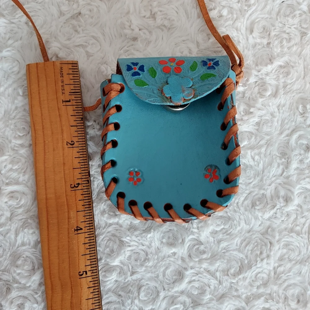 Little leather Hand Crafted floral turquiose blue bag pouch - Picture 5 of 5